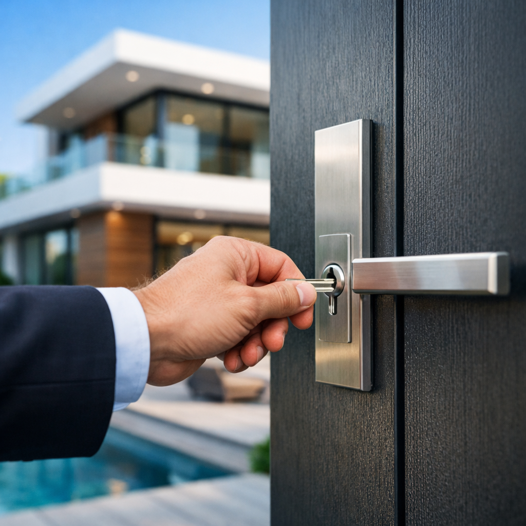 Businessmans Hand Inserting Key into UltraModern House Door Lock-1