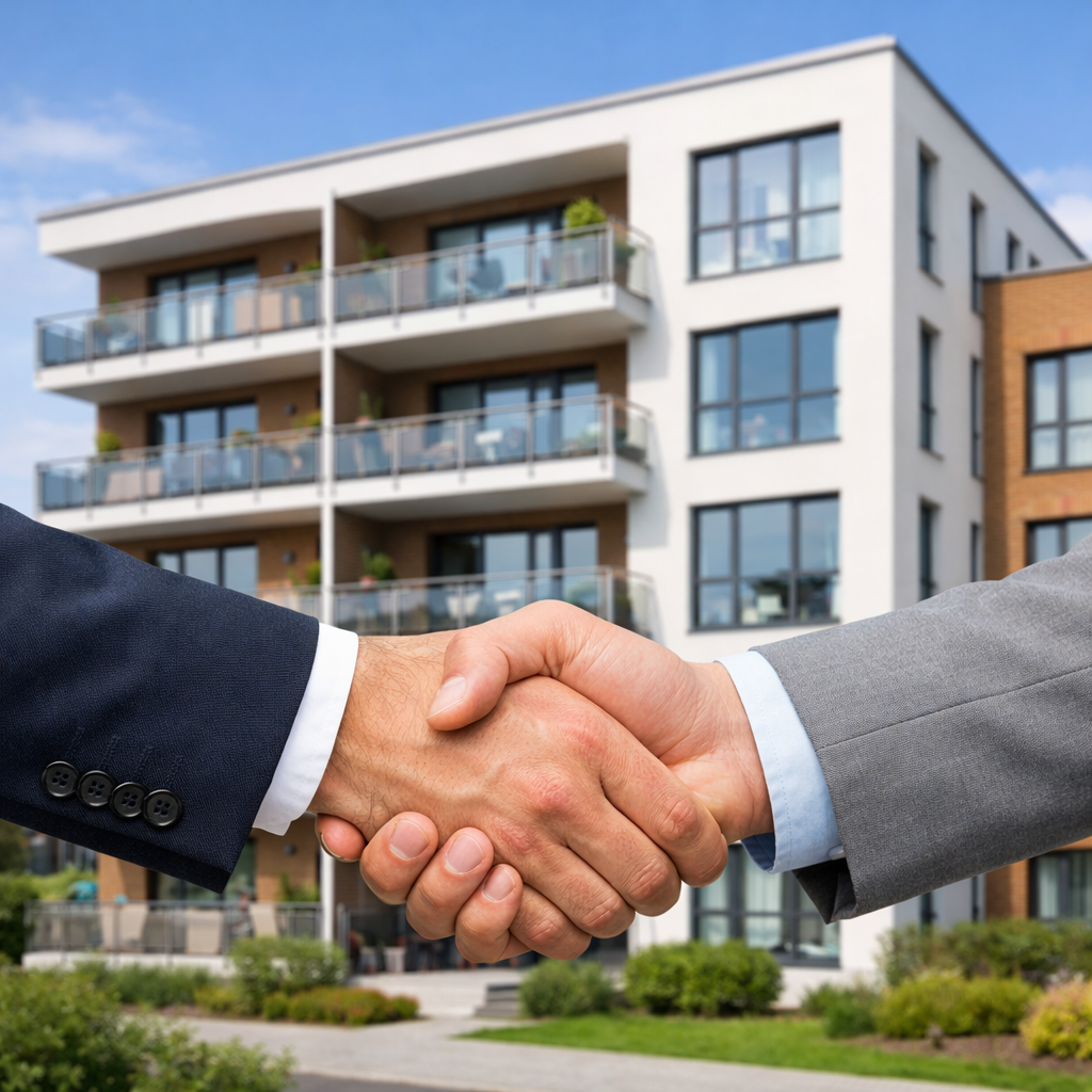 Handshake in Front of a Mehrfamilienhaus